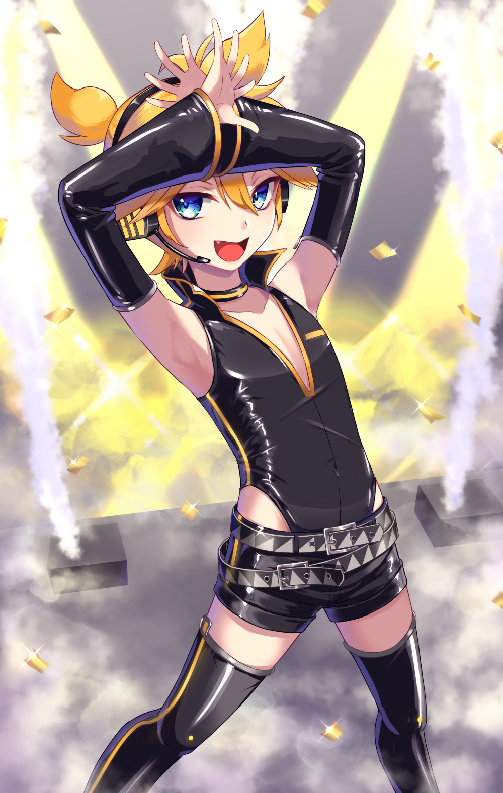 1boy, armpits, aroeruji3, belt, blonde_hair, blue_eyes, clothing_cutout, fang, headset, highres, hip_vent, kagamine_len, kagamine_len_(punkish), leg_warmers, looking_at_viewer, male_focus, open_mouth, ponytail, shiny_clothes, short_ponytail, short_shorts, shorts, skin_tight, solo, thighhighs, vocaloid