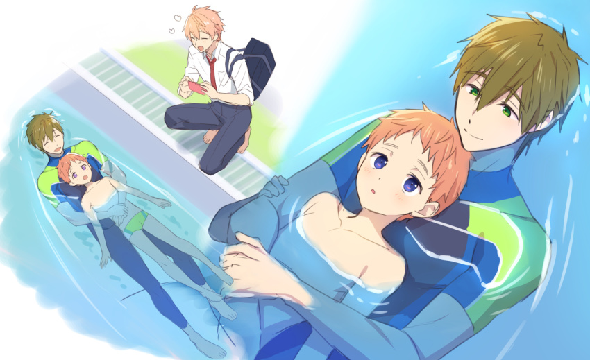 3boys, barefoot, blush, bodysuit, brothers, brown_hair, cellphone, child, closed_eyes, collarbone, diving_suit, dot_nose, free!, from_above, full_body, green_eyes, green_male_swimwear, green_swim_briefs, heart, holding, holding_cellphone, holding_phone, hug, hug_from_behind, looking_at_another, looking_up, male_swimwear, mo_(nmnme), multicolored_wetsuit, multiple_boys, multiple_views, necktie, open_mouth, orange_hair, partially_submerged, phone, pool, poolside, purple_eyes, red_necktie, shigino_hayato, shigino_kisumi, shirt, siblings, smartphone, smile, squatting, swim_briefs, swimming, tachibana_makoto, topless_male, wetsuit, white_shirt
