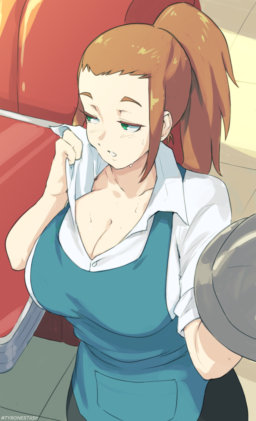 1girl, apron, blue_apron, breasts, brown_hair, cleavage, collared_shirt, diner_dash, flo_(diner_dash), green_eyes, half-closed_eyes, highres, holding, holding_tray, indoors, large_breasts, ponytail, shirt, tray, tyrone, white_shirt, wiping_face