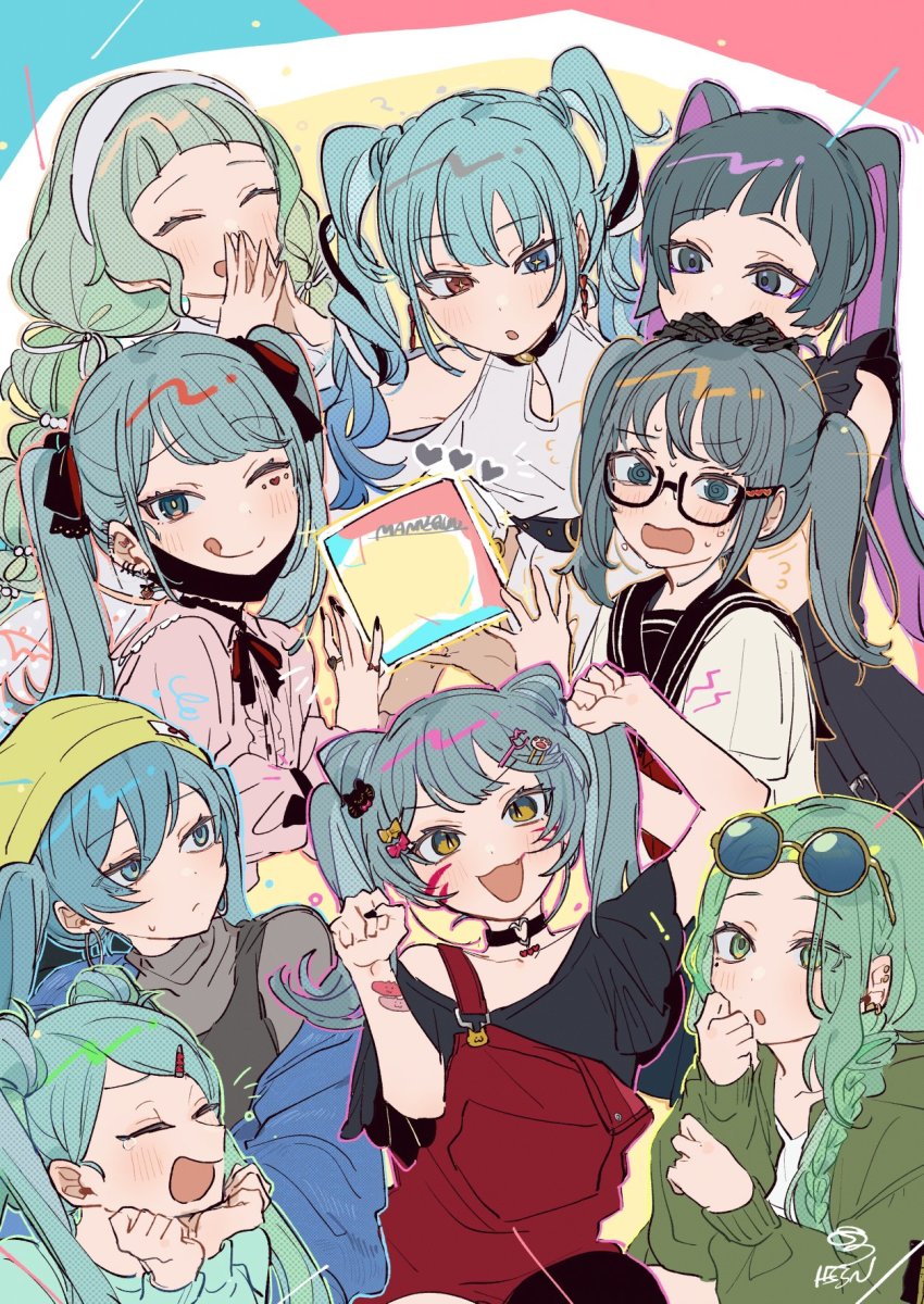 6+girls, :3, animal_(vocaloid), bandaid, bandaid_on_arm, beanie, black_hair, black_nails, blue_eyes, blue_hair, blush, braid, choker, cinderella_(vocaloid), colored_inner_hair, commentary, cone_hair_bun, creator_connection, dilemma_(vocaloid), ear_piercing, earrings, eyewear_on_head, facial_mark, fang, gift_(vocaloid), glasses, hair_bun, hair_ornament, hairband, hairclip, hassan_(sink916), hat, hatsune_miku, heart, heart_earrings, heterochromia, highres, jewelry, jirai_kei, joutai_ijou_kanojo_(vocaloid), kesaran_pasaran_(vocaloid), long_hair, mole, mole_under_eye, mozaik_role_(vocaloid), multi-tied_hair, multicolored_hair, multiple_girls, nail_polish, ojama_mushi_ii_(vocaloid), one_eye_closed, parasite_(vocaloid), paw_pose, piercing, pink_shirt, purple_hair, red_eyes, ring, round_eyewear, shirt, songover, star_(symbol), sunglasses, twin_braids, twintails, u_(vocaloid), vampire_(vocaloid), vocaloid, whisker_markings, white_hairband, yellow_headwear