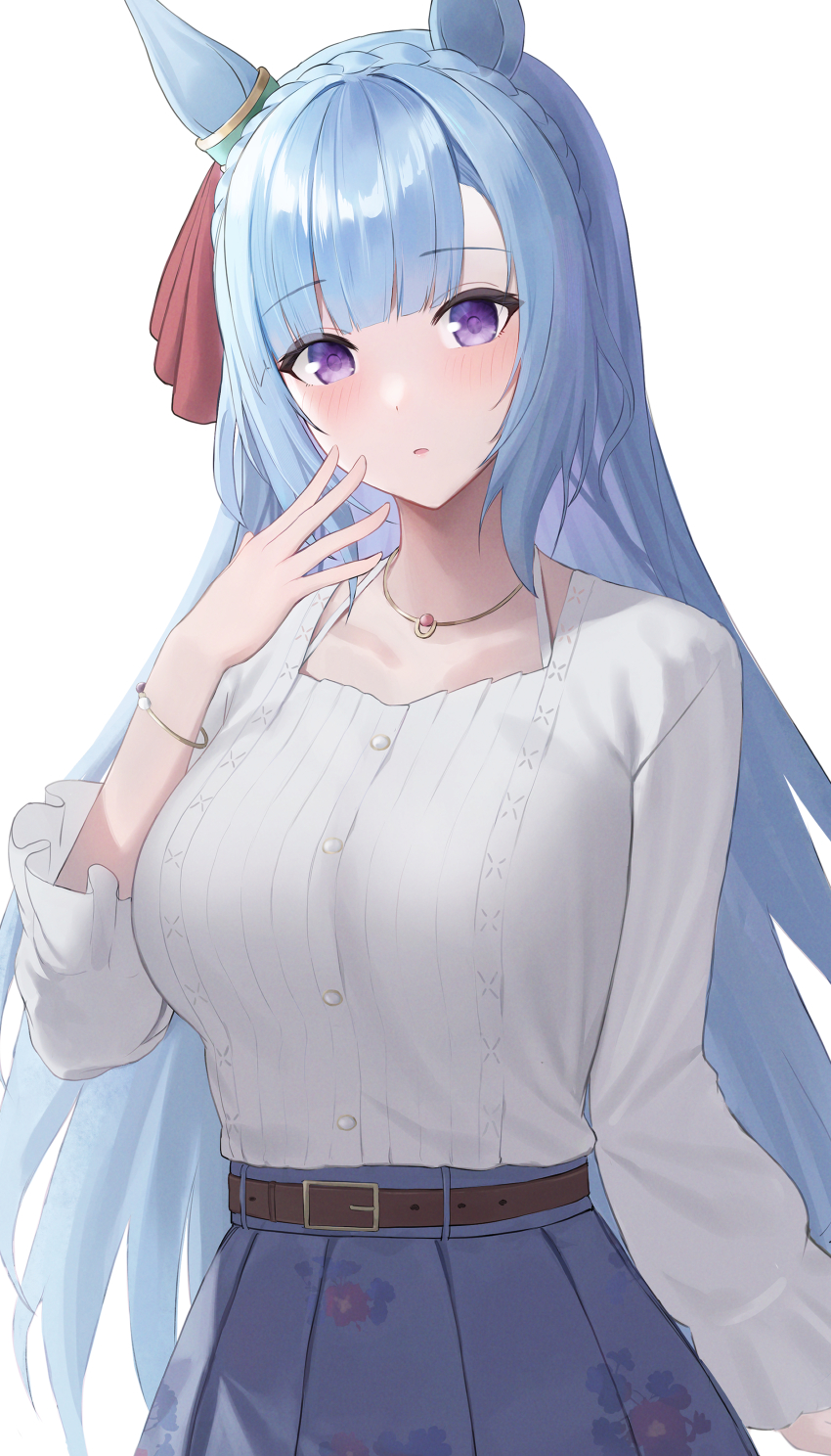 1girl, absurdres, animal_ears, arm_at_side, belt, blue_hair, blunt_bangs, blush