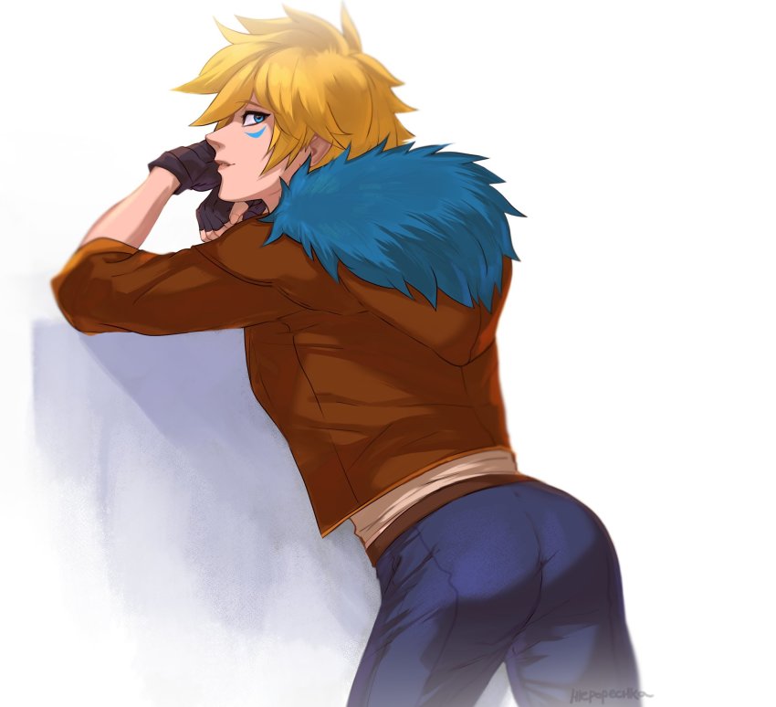 1boy, artist_name, ass, black_gloves, blonde_hair, blue_pants, brown_jacket, contrapposto