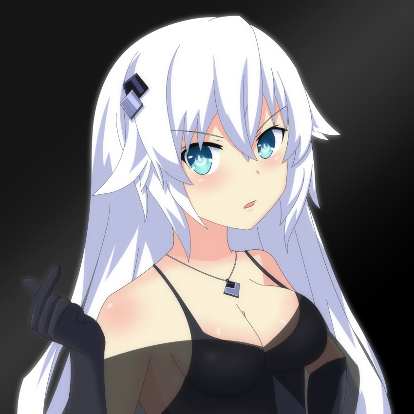 bare_shoulders, black_heart_(neptunia), blue_background, breasts, cleavage, dress, gown, green_eyes