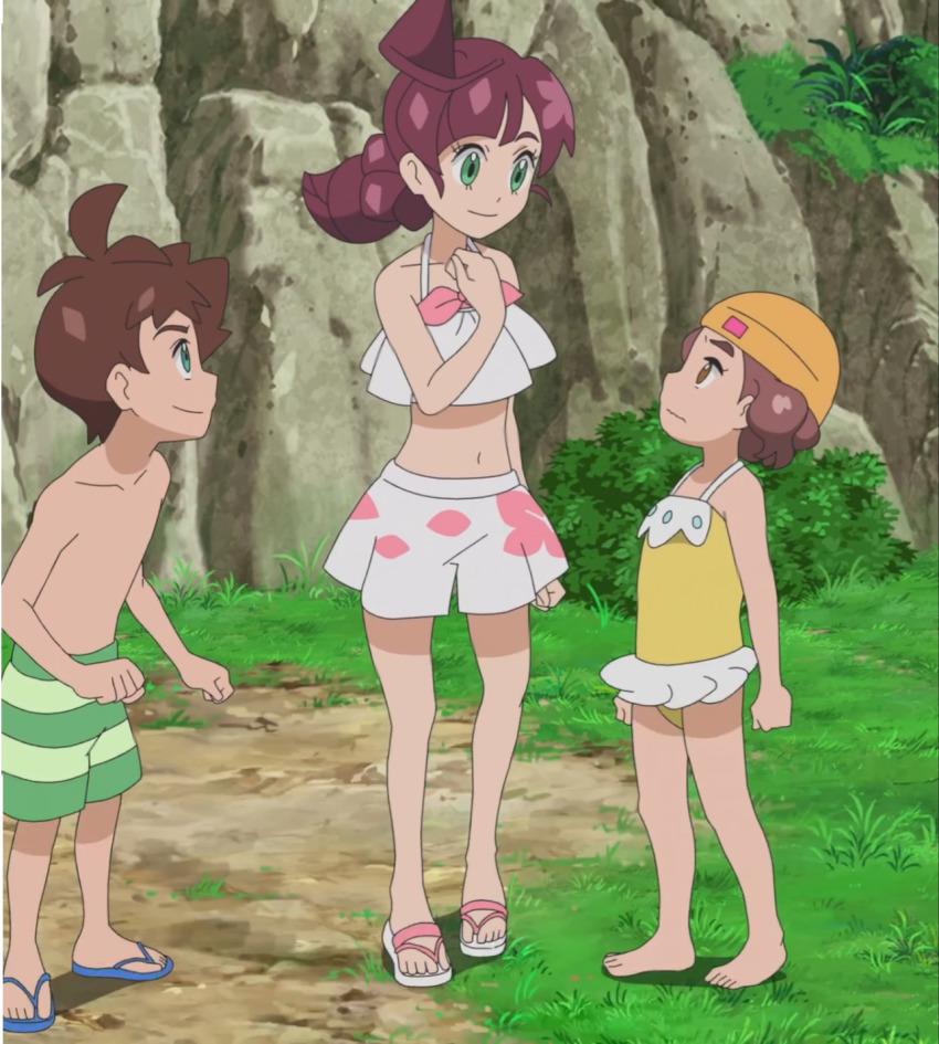 1boy, 1girl, anime_screenshot, bikini, bikini_skirt, blue_eyes, blue_footwear, brown_eyes