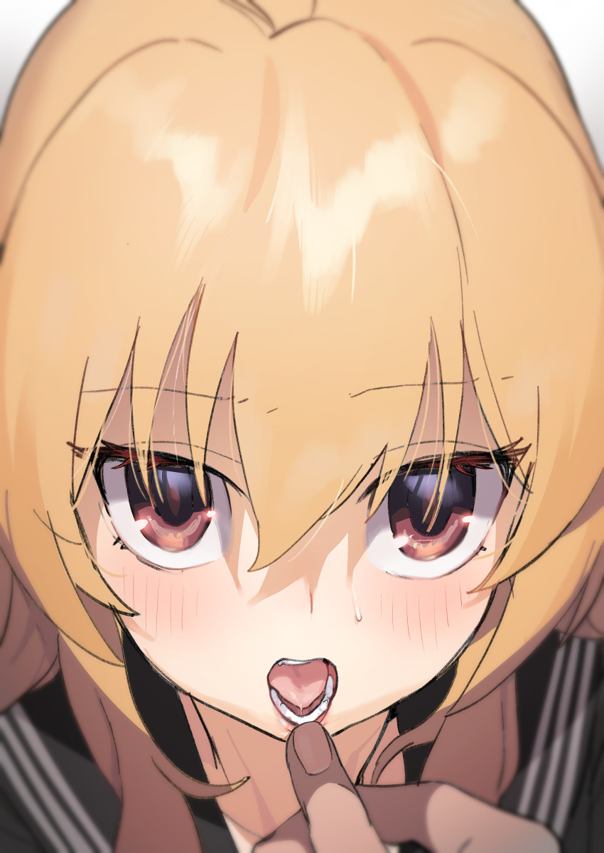 1girl, 1other, absurdres, aisaka_taiga, black_sailor_collar, black_serafuku, black_shirt, brown_eyes, brown_hair, close-up, commentary_request, dorontabi, finger_to_another's_mouth, hair_between_eyes, hand_to_mouth, highres, light_blush, lips, long_hair, looking_at_viewer, mouth_pull, open_mouth, sailor_collar, school_uniform, serafuku, shirt, solo_focus, sweatdrop, teeth, toradora!
