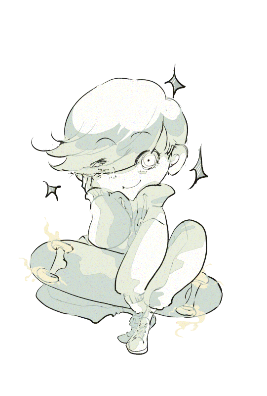 1other, chibi, drawstring, eyes_visible_through_hair, full_body, goshenite_(new)_(houseki_no_kuni), hair_over_one_eye, hand_on_own_cheek