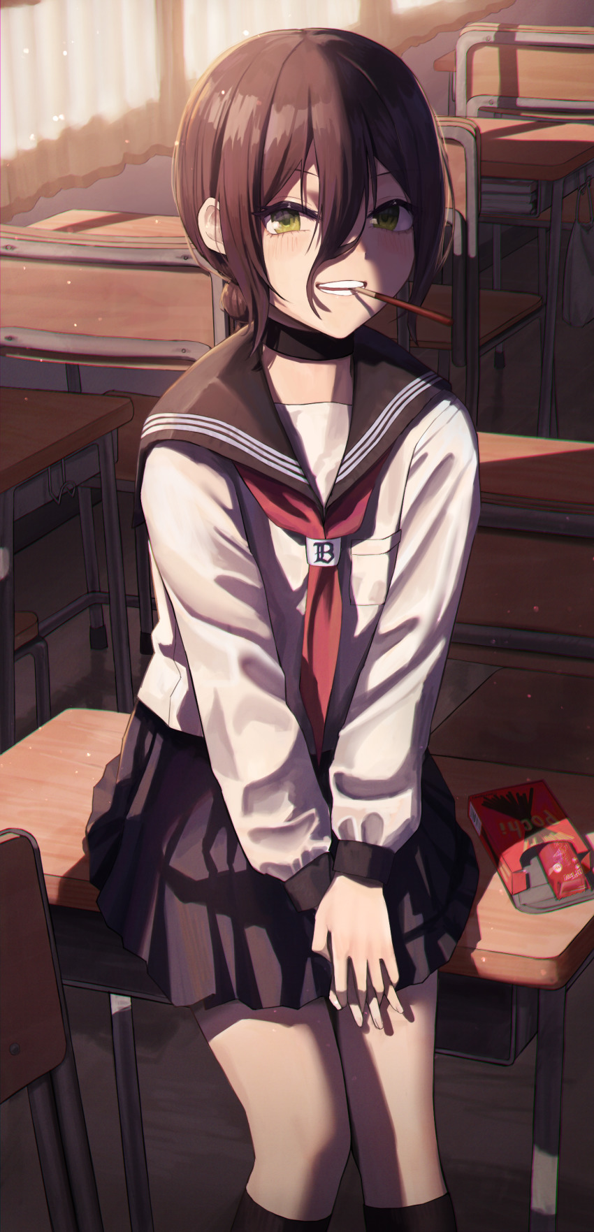 1girl, absurdres, alternate_costume, black_choker, black_hair, black_legwear, black_serafuku, chainsaw_man