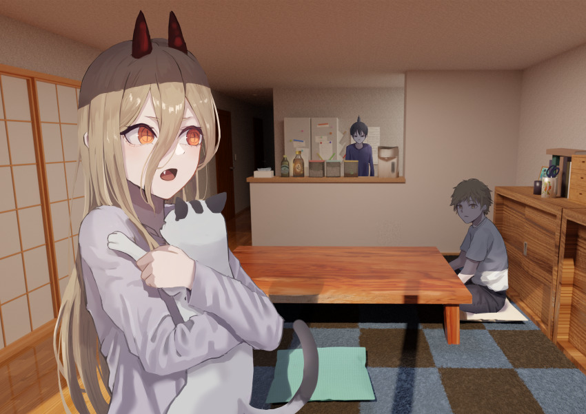 +_+, 1girl, 2boys, absurdres, animal, black_hair, blonde_hair, brown_eyes