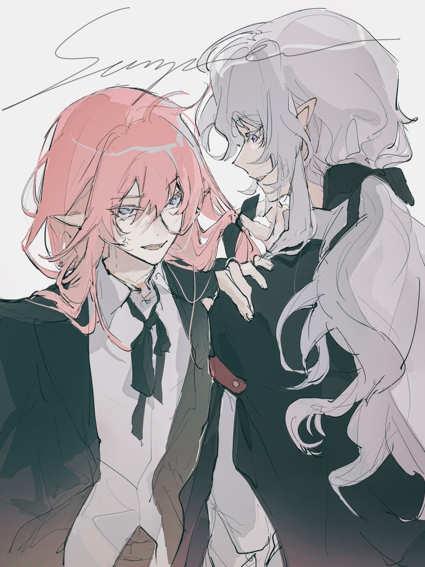 2boys, black_bow, black_jacket, bow, bowtie, collared_shirt, commentary_request, formal_clothes