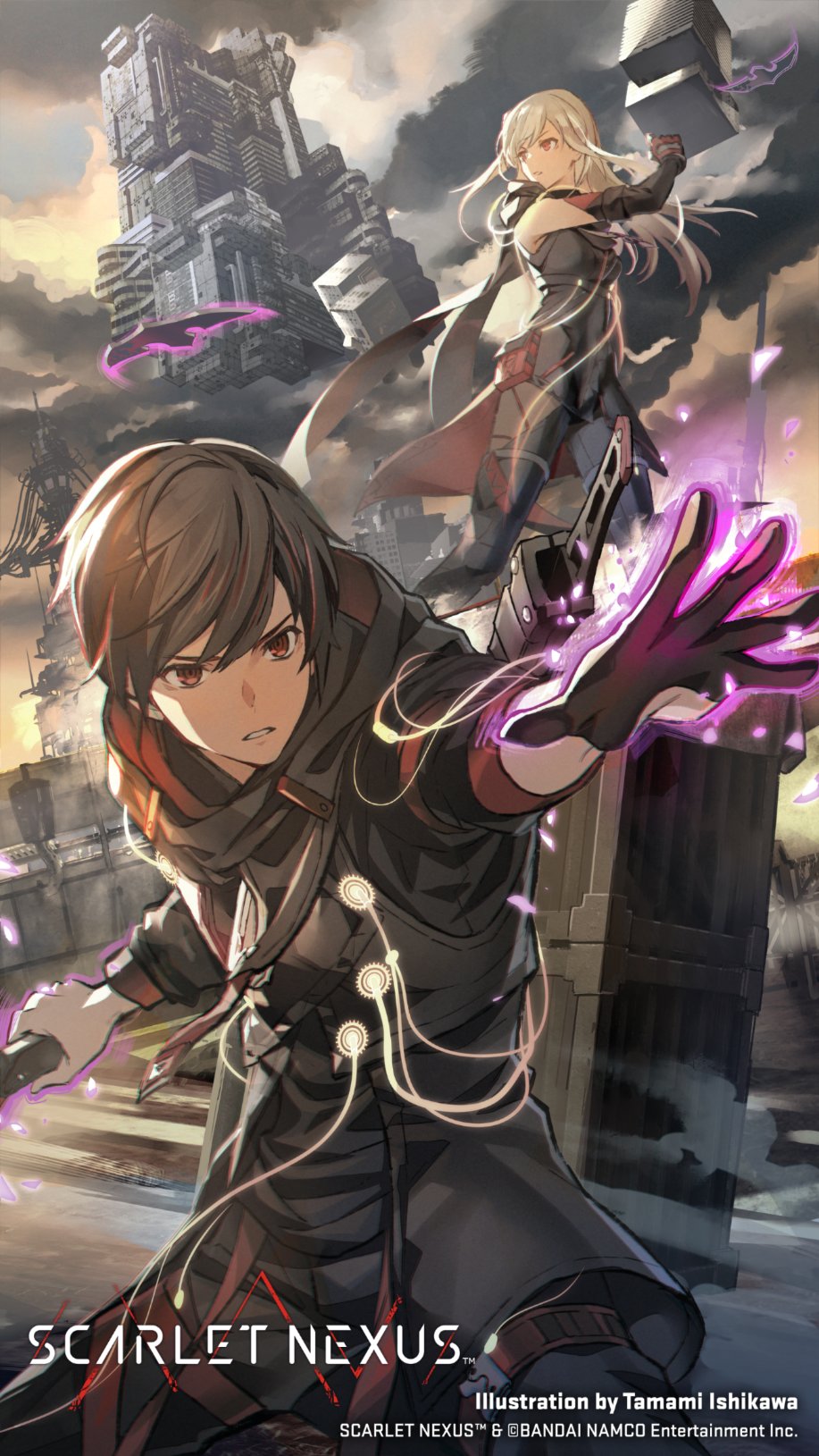 1boy, 1girl, artist_name, black_cape, black_dress, black_gloves, black_hair, black_jacket, blonde_hair, breasts, brown_eyes, building, cape, cloud, commentary, copyright_name, dress, english_commentary, gloves, highres, holding, holding_sword, holding_weapon, ishikawa_tamami, jacket, kasane_randall, logo, medium_breasts, multicolored_hair, official_art, open_hand, pantyhose, red_hair, scarlet_nexus, sky, streaked_hair, sumeragi_yuito, sword, v-shaped_eyebrows, weapon