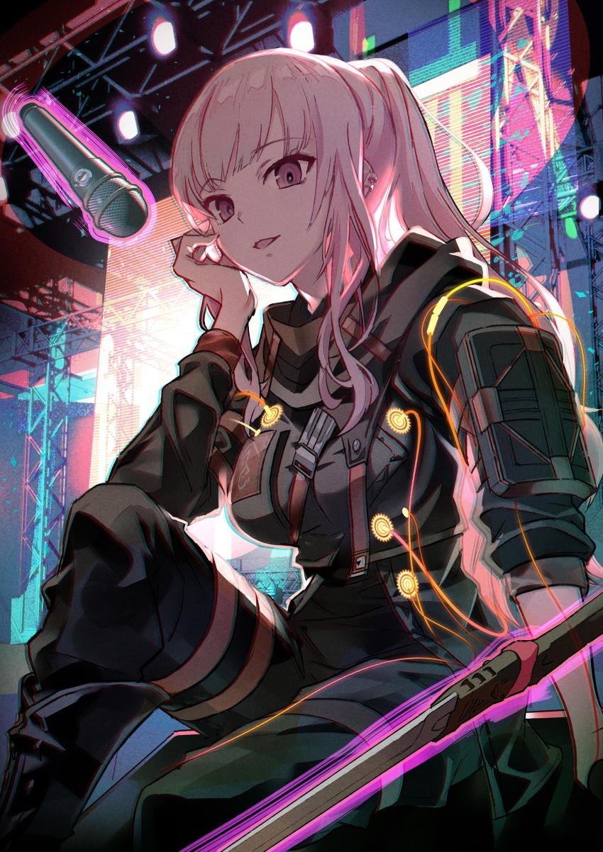 1girl, absurdres, black_jacket, black_pants, black_scarf, breasts, commentary, cosplay, earrings, english_commentary, floating, hair_behind_ear, hand_on_own_face, highres, hologram, hololive, hololive_english, hood, hooded_jacket, ishikawa_tamami, jacket, jewelry, medium_breasts, microphone, mori_calliope, pants, ponytail, scarf, scarlet_nexus, sitting, solo, sumeragi_yuito, sumeragi_yuito_(cosplay), sword, virtual_youtuber, weapon