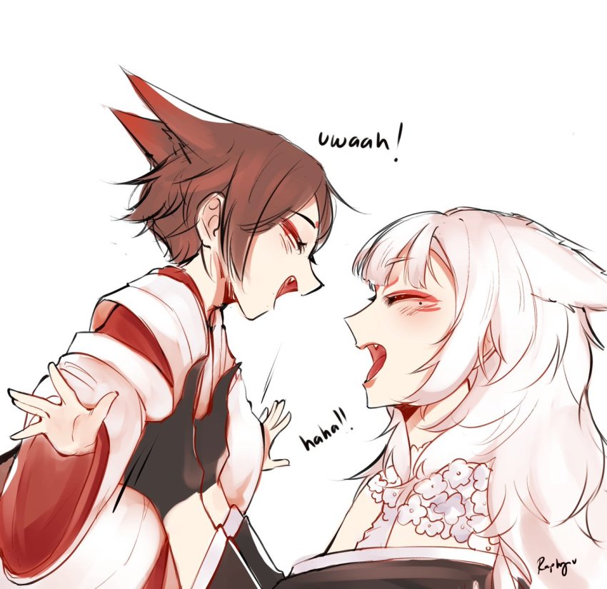 1boy, 1girl, ^_^, aged_down, animal_ears, black_kimono, brown_hair, child, closed_eyes, commentary, english_commentary, eyeshadow, fox_boy, fox_ears, fox_girl, from_side, hair_behind_ear, japanese_clothes, kimono, lifting_person, makeup, mole, mole_under_eye, mysta_rias, nijisanji, nijisanji_en, nina_kosaka, off_shoulder, open_hand, raphyraphadoom, red_eyeshadow, shirt, virtual_youtuber, white_hair, white_kimono, white_shirt