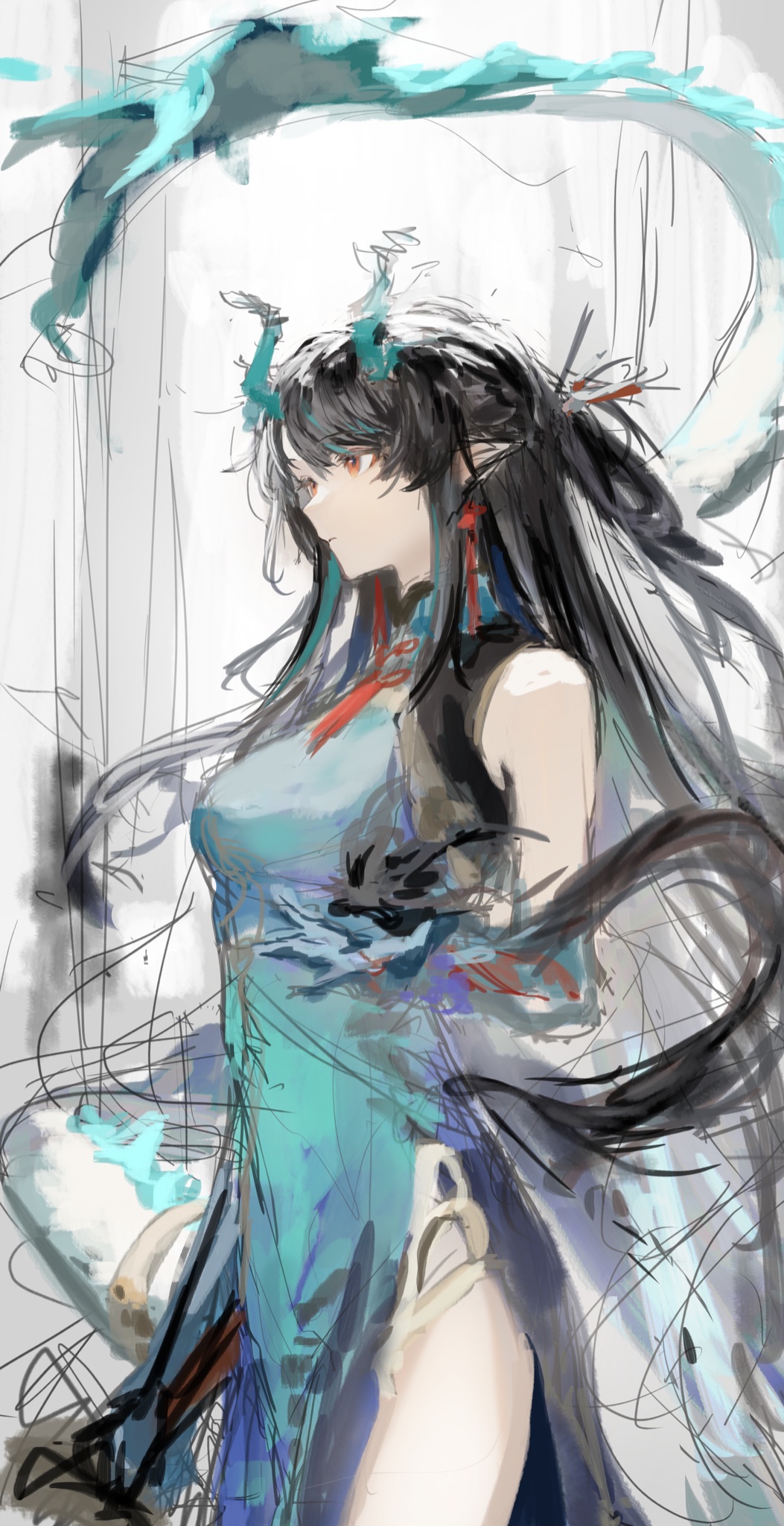 1girl, arknights, black_hair, breasts, china_dress, chinese_clothes, closed_mouth, colored_skin