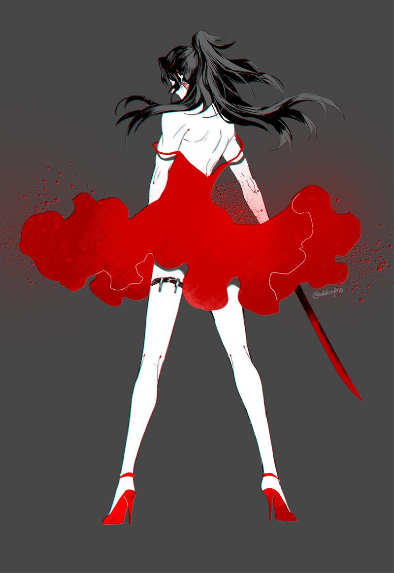 1boy, amore1989, bad_id, bad_pixiv_id, bare_back, black_hair, blood, crossdressing