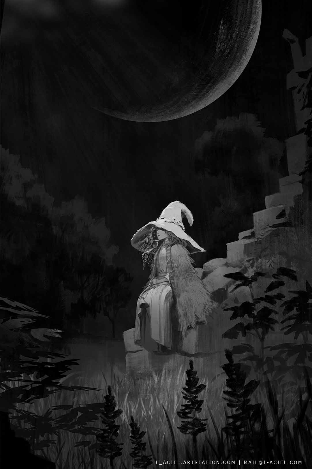 1girl, cloak, coat, dress, elden_ring, email_address, extra_arms, extra_faces, fur_cloak, fur_coat, grass, greyscale, hat, highres, l_aciel, long_hair, monochrome, moon, outdoors, own_hands_together, plant, ranni_the_witch, ruins, sitting, solo, tree, watermark, wavy_hair, witch, witch_hat