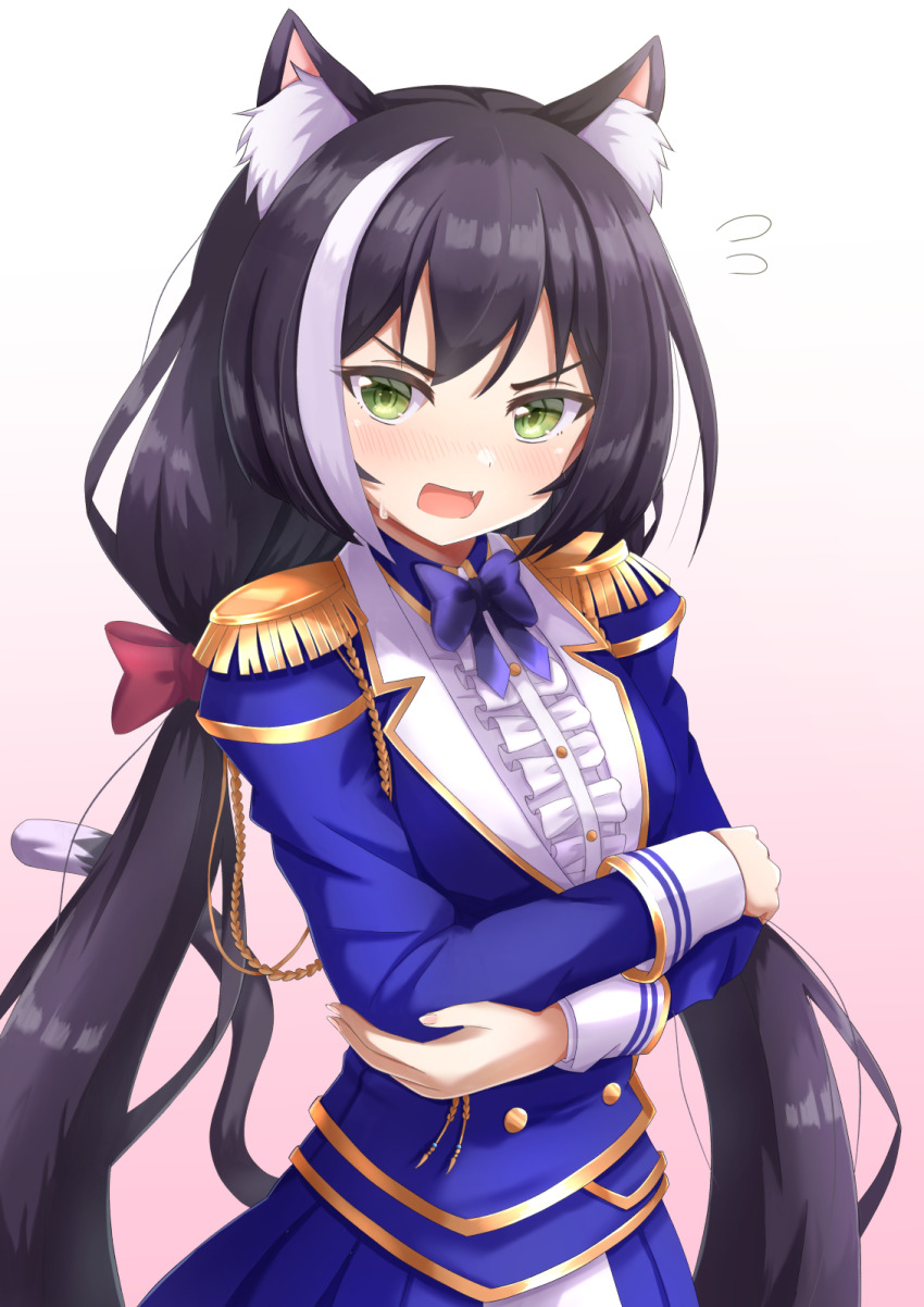 1girl, animal_ear_fluff, animal_ears, black_hair, blue_skirt, blush, bow, bowtie