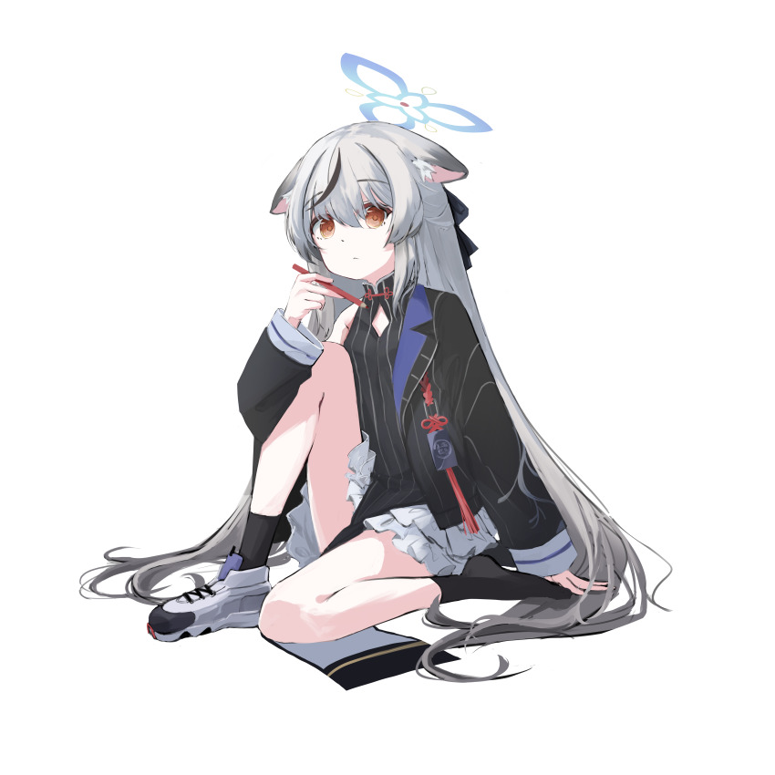 1girl, absurdres, animal_ears, black_hair, black_jacket, black_legwear, blue_archive, breasts, celia_1315, china_dress, chinese_clothes, closed_mouth, clothing_cutout, dress, expressionless, frilled_skirt, frills, full_body, hair_between_eyes, halo, highres, holding, holding_pencil, jacket, kokona_(blue_archive), long_hair, long_sleeves, looking_at_viewer, multicolored_hair, off_shoulder, on_floor, open_clothes, open_jacket, orange_eyes, pelvic_curtain, pencil, silver_hair, simple_background, skirt, small_breasts, solo, streaked_hair, striped_clothes, striped_dress, swept_bangs, two-tone_hair, white_background, white_footwear