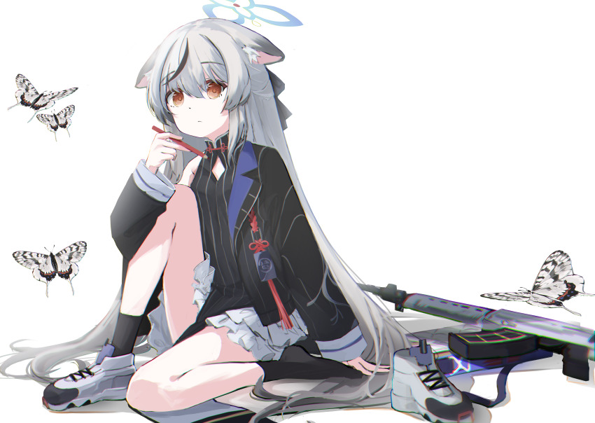 1girl, absurdres, animal_ears, assault_rifle, black_hair, black_jacket, black_legwear, blue_archive