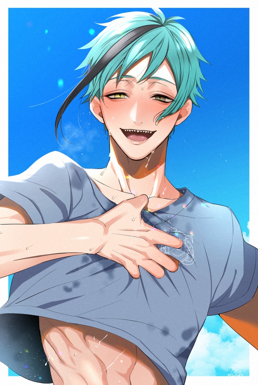 1boy, black_hair, blue_hair, brothers, clothes_lift, ear_piercing, earrings, floyd_leech