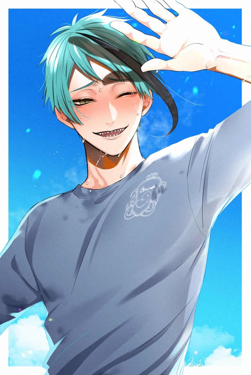 1boy, black_hair, blue_hair, brothers, clothes_lift, ear_piercing, earrings, heterochromia