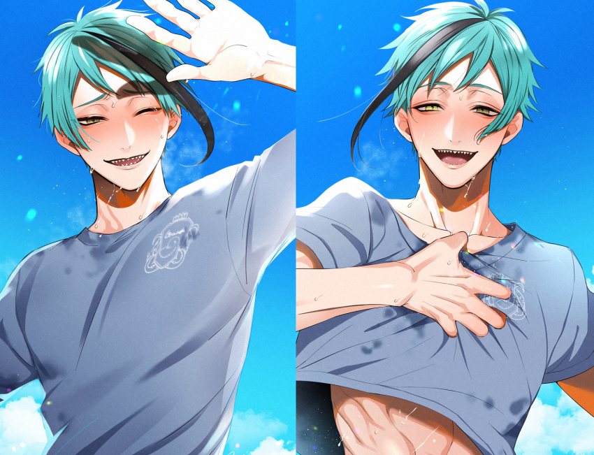 2boys, black_hair, blue_hair, brothers, clothes_lift, ear_piercing, earrings, floyd_leech