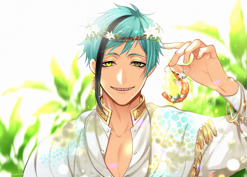 black_hair, blue_hair, brothers, brown_eyes, ear_piercing, earrings, floyd_leech, head_wreath