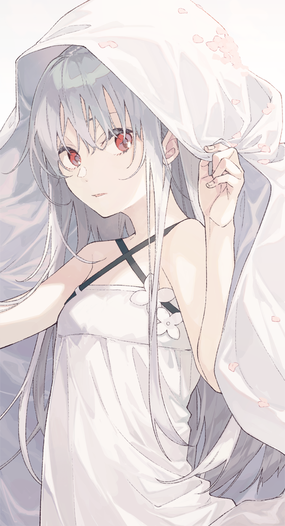 1girl, bare_arms, bare_shoulders, criss-cross_halter, dress, eyebrows_hidden_by_hair, flower, grey_background, grey_hair, hair_between_eyes, halterneck, hand_up, highres, long_hair, looking_at_viewer, original, parted_lips, petals, red_eyes, simple_background, solo, tsukugu, veil, very_long_hair, white_dress, white_flower