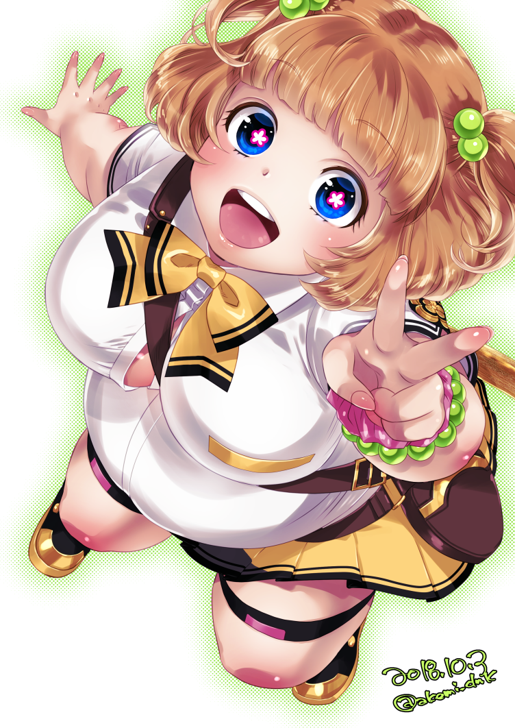 1girl, akemi_(wkd4496cxc), artist_name, belly, blue_eyes, blunt_bangs, blush, bow