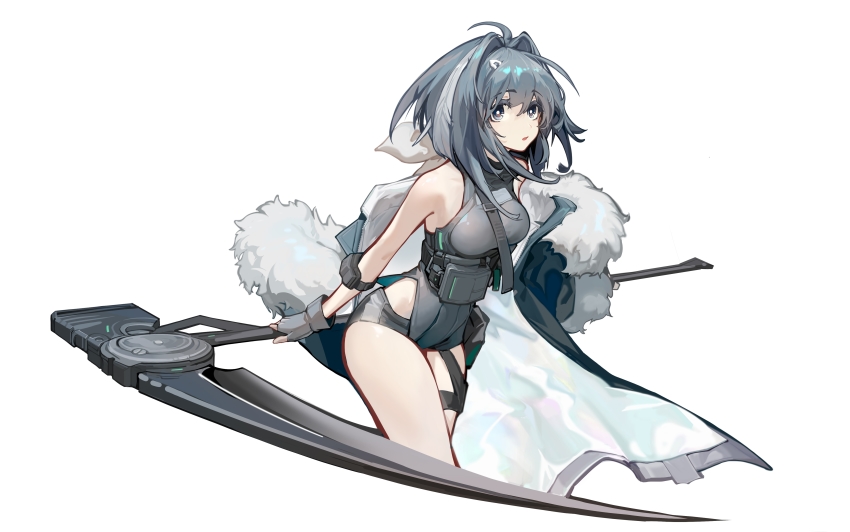 1girl, absurdres, ahoge, arknights, bare_shoulders, black_hair, breasts, commentary_request, fingerless_gloves, fur-trimmed_jacket, fur_trim, gloves, grey_eyes, grey_gloves, grey_shirt, grey_shorts, hair_between_eyes, hair_intakes, heishanlong, highres, holding, holding_scythe, holding_weapon, jacket, la_pluma_(arknights), looking_at_viewer, medium_breasts, micro_shorts, parted_lips, scythe, shirt, short_hair, shorts, simple_background, sleeveless, sleeveless_shirt, solo, standing, thighs, weapon, white_background