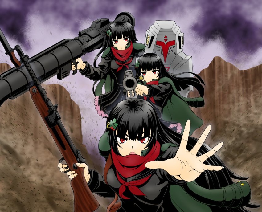 3girls, aiming, aiming_at_viewer, bayonet, bazooka_(gundam), black_hair, black_serafuku, canyon