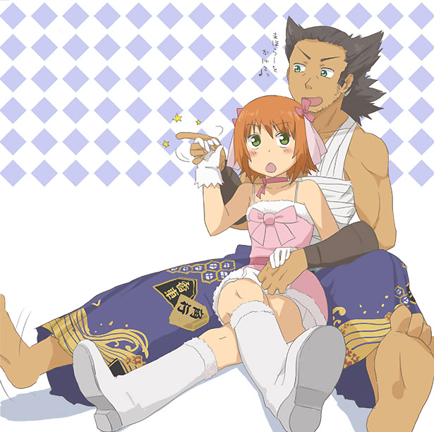 1boy, 1girl, amami_haruka, amami_haruka_(cosplay), argyle_background, argyle_clothes, bandages, barefoot