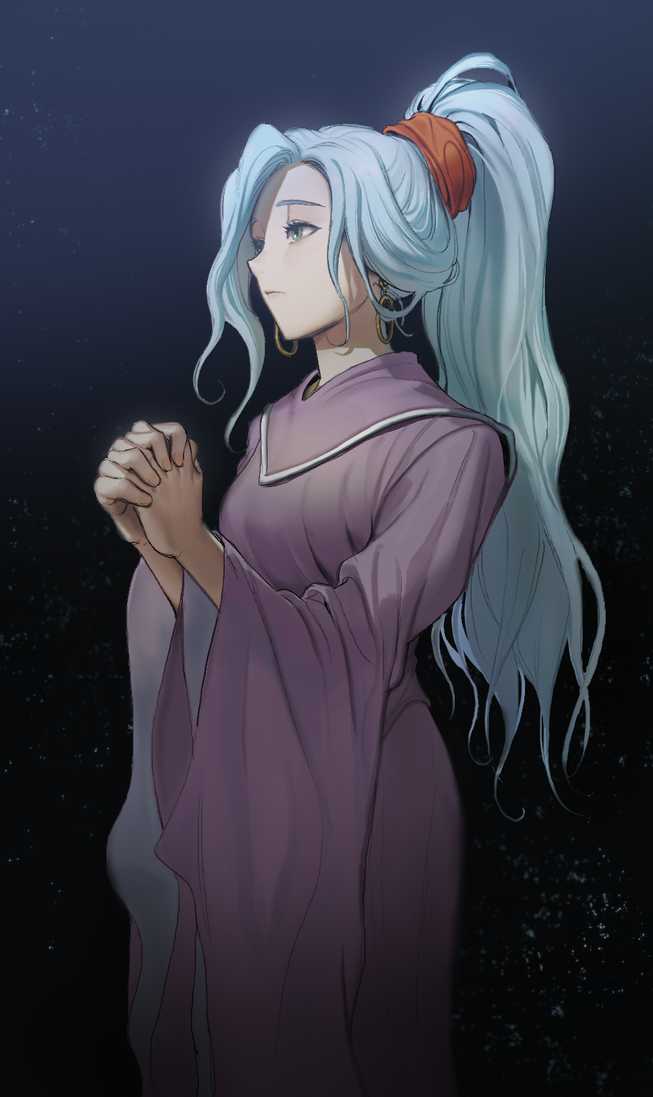 1girl, blue_hair, chrono_trigger, earrings, female_focus, green_eyes, highres, hoop_earrings, jewelry, long_hair, long_sleeves, looking_to_the_side, own_hands_clasped, own_hands_together, ponytail, praying, purple_robe, robe, schala_zeal, simple_background, simu_rr, solo, wide_sleeves