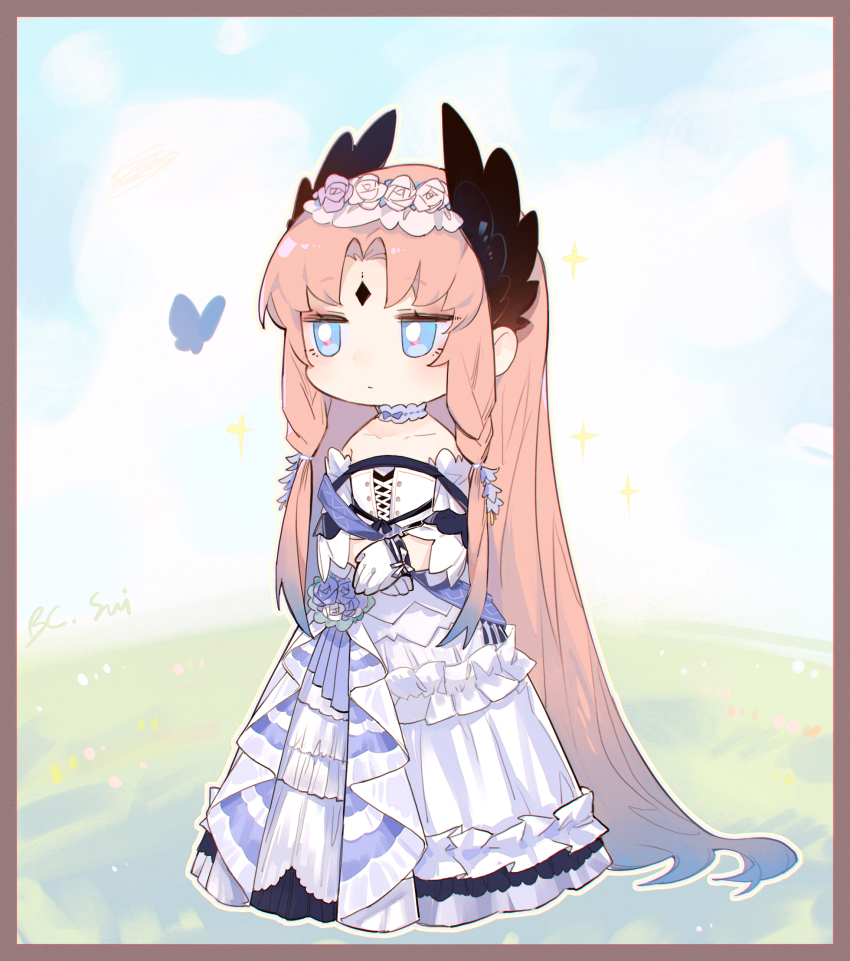 1boy, absurdly_long_hair, absurdres, arknights, bare_shoulders, blue_eyes, bug, butterfly