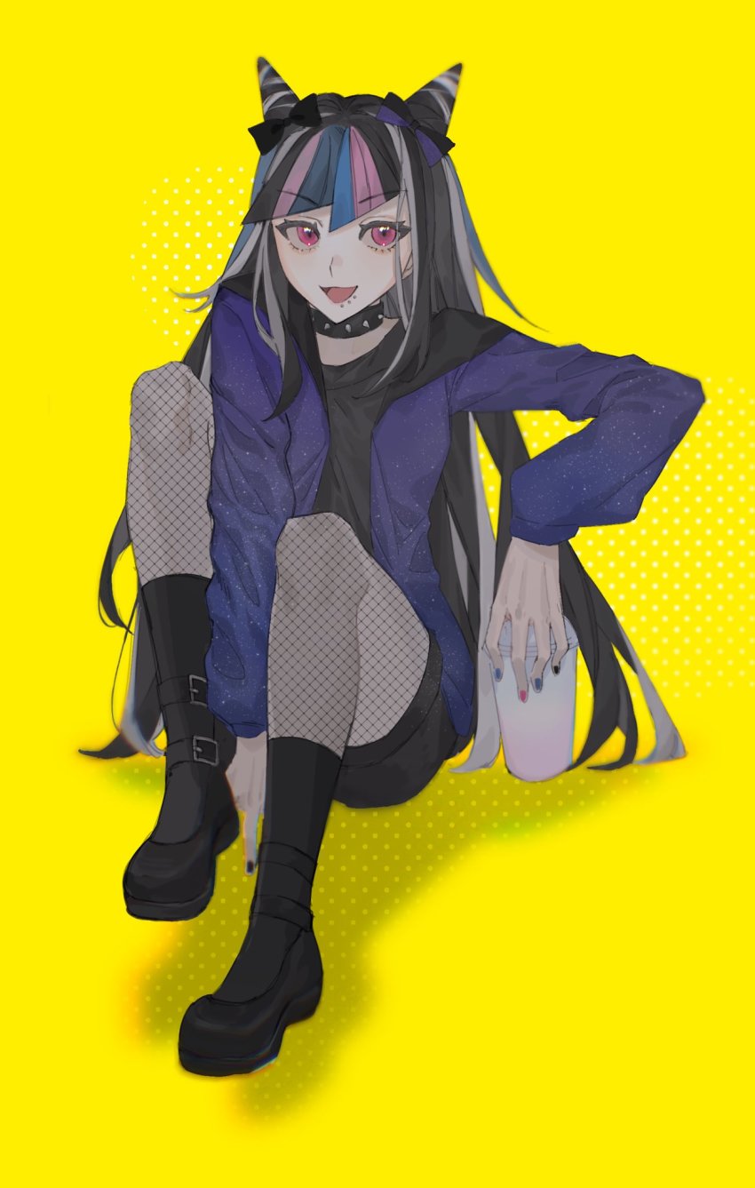 1girl, :d, black_bow, black_footwear, black_hair, black_shirt, black_shorts, blue_hair