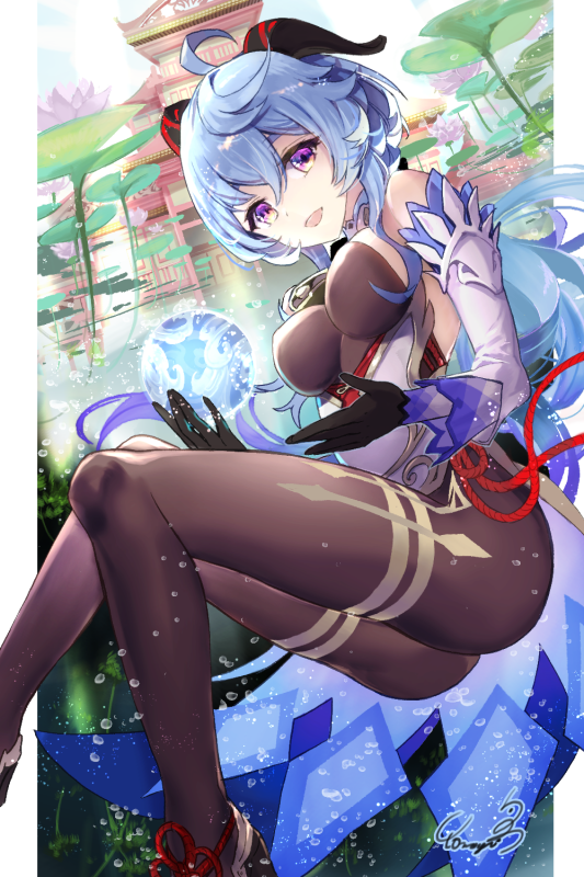 1girl, :d, ahoge, architecture, bare_shoulders, bell, black_gloves, black_pantyhose