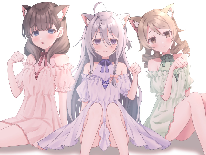 3girls, absurdres, ahoge, animal_ears, blunt_bangs, blush, cat_ears, clothing_cutout, dress, extra_ears, frilled_dress, frills, hair_between_eyes, highres, hoshi_syoko, idolmaster, idolmaster_cinderella_girls, knees_up, looking_at_viewer, morikubo_nono, multiple_girls, nyan, ringlets, sahara_tsugumi, sakuma_mayu, shoulder_cutout, sitting, smile, straight_hair, under_the_desk_(idolmaster)