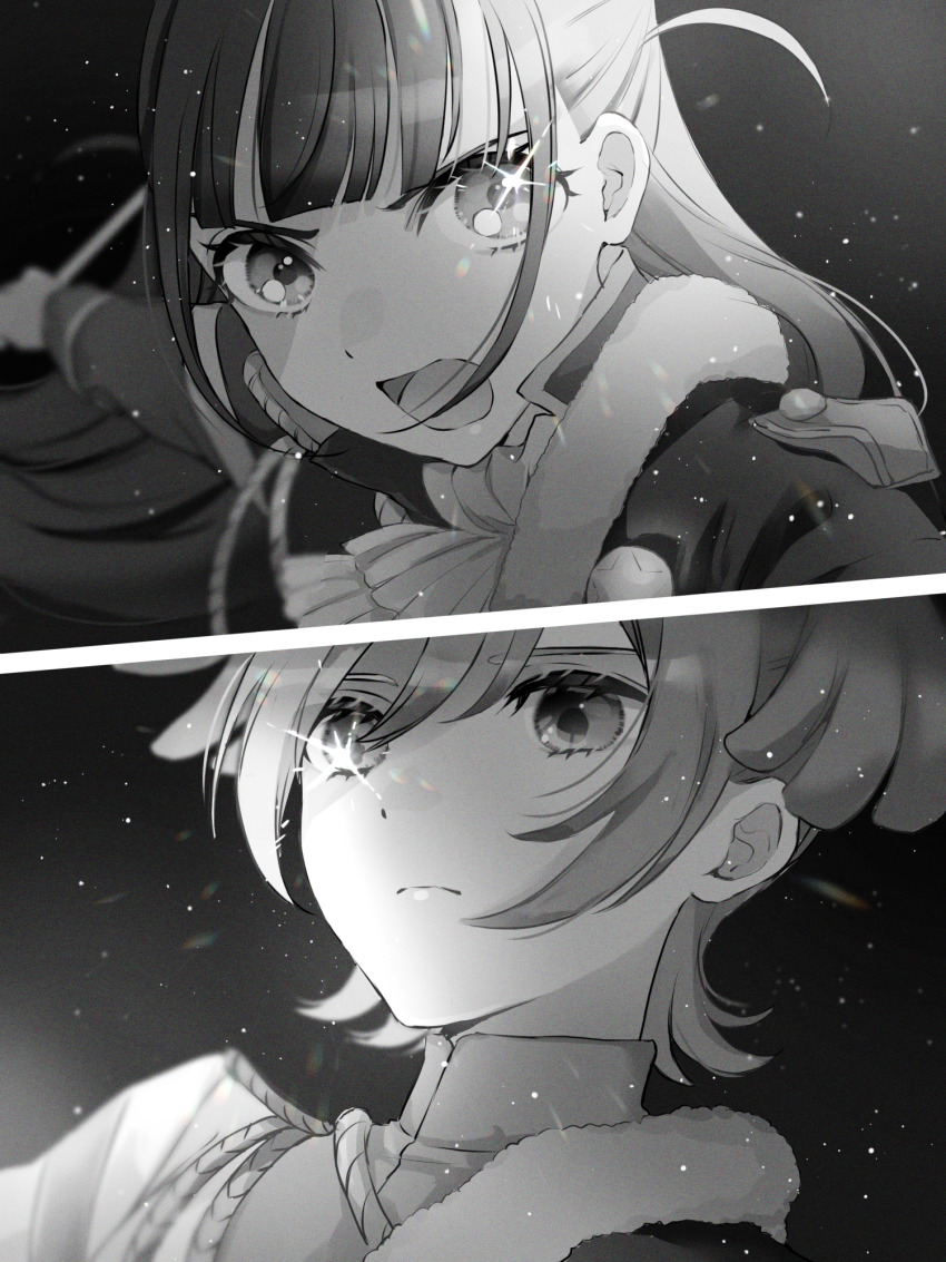 2girls, aiguillette, angry, ascot, black_background, blunt_bangs, blurry, closed_mouth