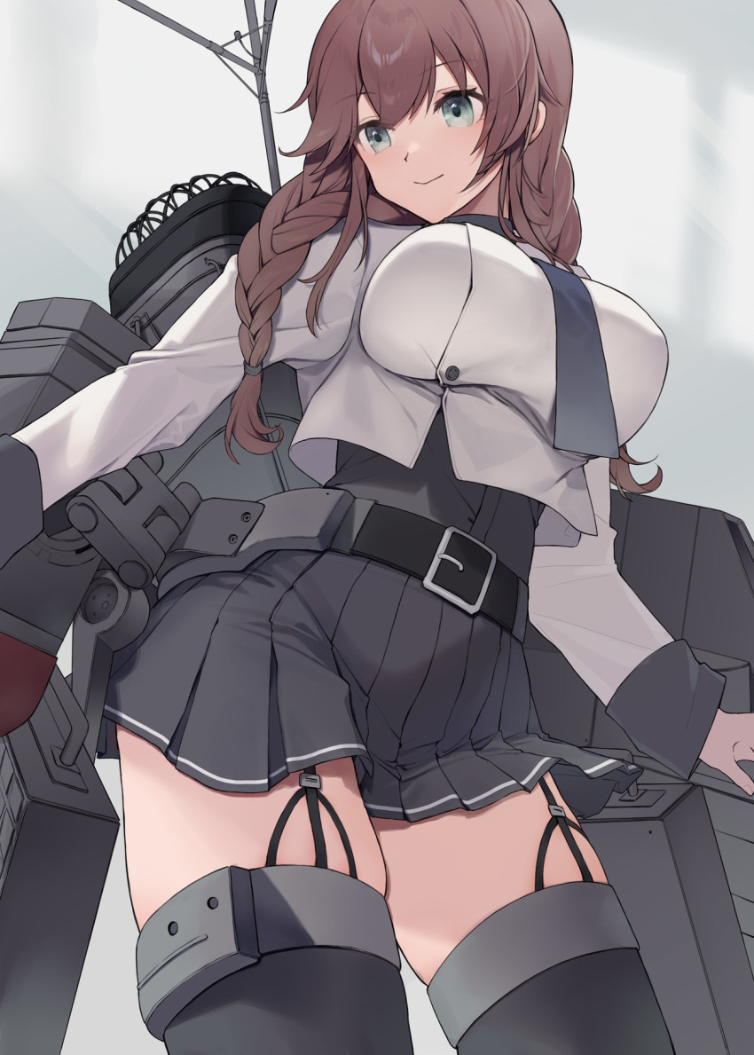 1girl, black_sailor_collar, black_shirt, black_skirt, braid, brown_hair, cowboy_shot, dress_shirt