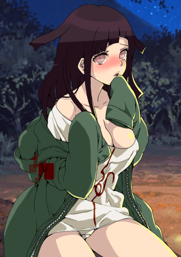 1girl, apron, bandages, bare_shoulders, black_hair, blush, breasts, bush