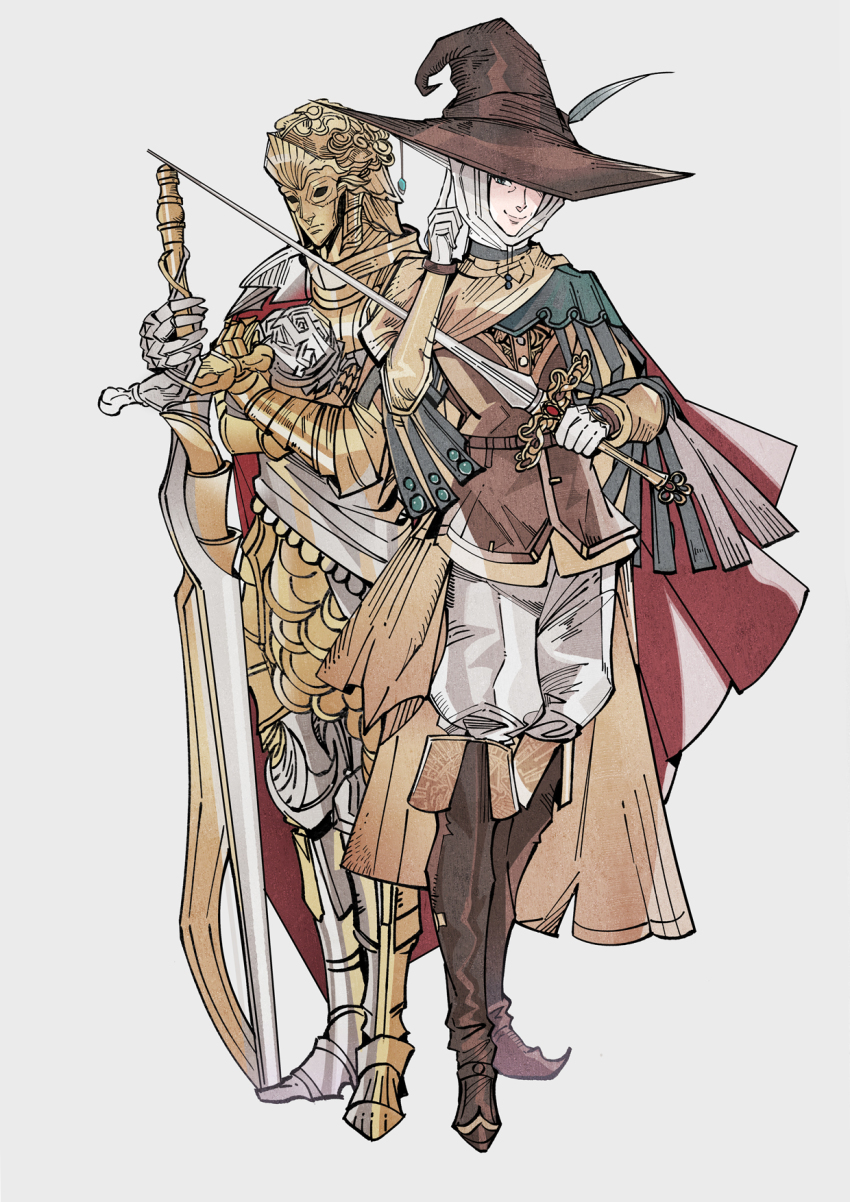 2boys, armor, boots, brown_headwear, brown_vest, closed_mouth, d_(elden_ring), elden_ring, fold-over_boots, full_armor, gloves, gold_armor, hat, herheim, highres, holding, holding_sword, holding_weapon, knee_boots, looking_at_viewer, male_focus, multiple_boys, pants, pointy_boots, rapier, simple_background, smile, sorcerer_rogier, standing, sword, vest, weapon, white_background, white_gloves, white_pants