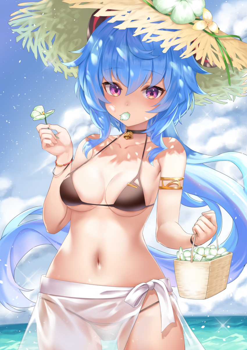 1girl, basket, bikini, black_bikini, blue_hair, blush, bracelet, breasts