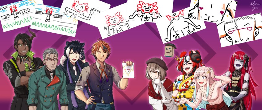 4boys, 4girls, absurdres, airani_iofifteen, animal_ears, aragami_oga, arurandeisu, beret