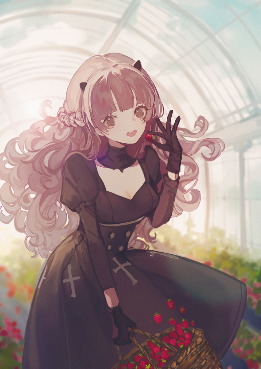 1girl, absurdres, black_dress, black_gloves, blurry, blurry_background, botanical_garden, braid