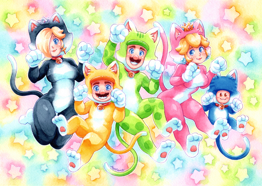 2girls, 3boys, animal_costume, blonde_hair, blue_eyes, cat_costume, collae, crown