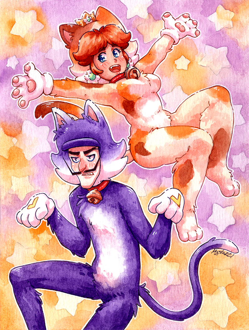 1boy, 1girl, animal_costume, brown_hair, cat_costume, collar, crown, facial_hair