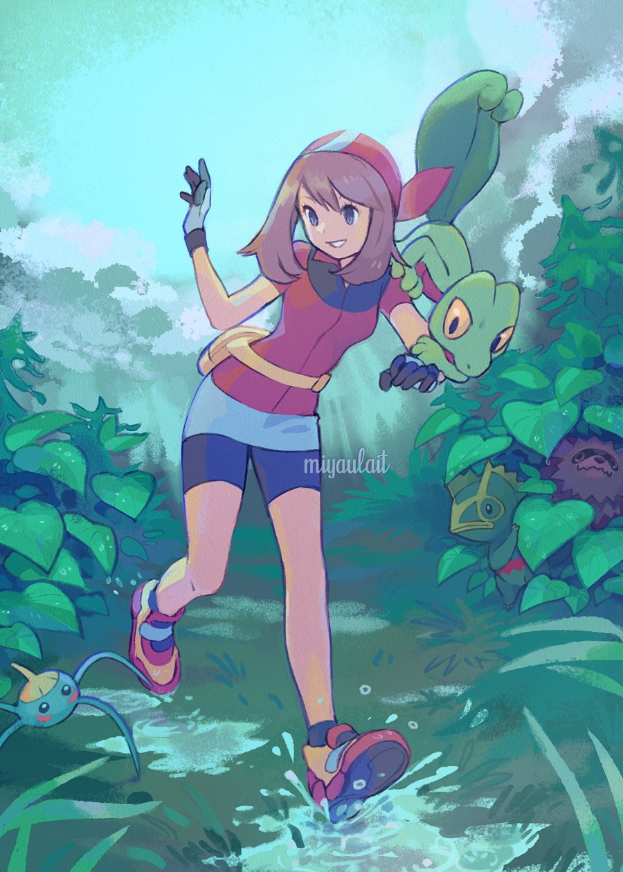 1girl, bandana, bike_shorts, brown_hair, day, eyelashes, gen_3_pokemon, gloves