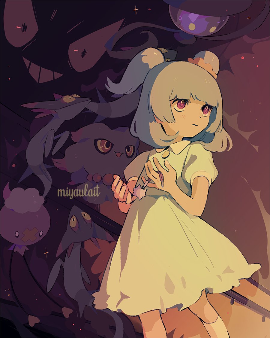 1girl, blush, closed_mouth, commentary, dreepy, dress, drifloon, flipped_hair