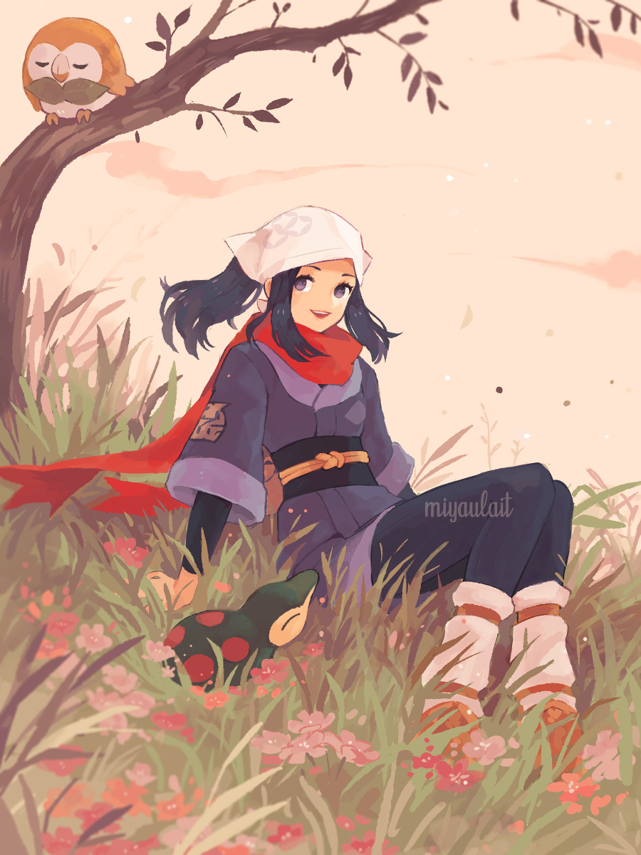 1girl, akari_(pokemon), arm_support, black_hair, black_pantyhose, black_sash, black_shirt, brown_footwear