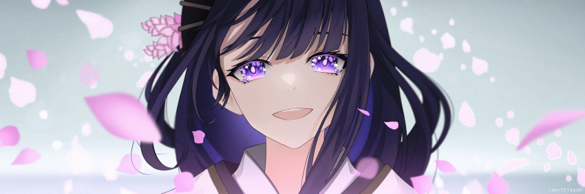 1girl, :d, absurdres, artist_name, cherry_blossoms, floating_hair, flower, genshin_impact