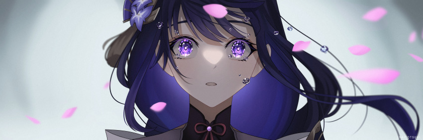 1girl, absurdres, artist_name, cherry_blossoms, floating_hair, flower, genshin_impact, hair_flower